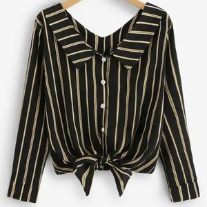 Vertical Striped Knotted Hem Shirt